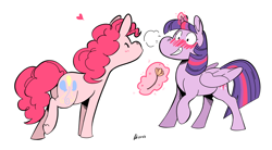 Size: 2000x1100 | Tagged: safe, artist:rwl, pinkie pie, twilight sparkle, alicorn, earth pony, pony, g4, blush lines, blushing, blushing profusely, duo, duo female, embarrassed, female, floating heart, flower, glowing, glowing horn, grin, heart, horn, lesbian, levitation, magic, mare, nervous, nervous smile, raised hoof, ship:twinkie, shipping, simple background, smiling, snorting, telekinesis, twilight sparkle (alicorn), white background