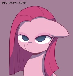 Size: 1958x2048 | Tagged: safe, artist:eltrash_art6, pinkie pie, earth pony, pony, g4, alternate hairstyle, female, mare, pink background, pinkamena diane pie, simple background, solo