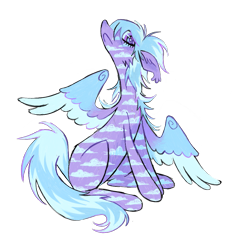 Size: 949x1021 | Tagged: safe, artist:peaceandlove26, cloudchaser, pegasus, pony, g4, blue mane, blue tail, blue wingtips, coat markings, colored nose, colored pinnae, colored pupils, colored wings, colored wingtips, ear fluff, ear tufts, female, floppy ears, frown, gradient wings, head up, long ears, long mane, long tail, looking down, mare, missing cutie mark, multicolored wings, partially open wings, profile, purple coat, purple eyes, purple pupils, raised head, simple background, sitting, slender, solo, spiky mane, spiky tail, striped tail, tail, thin, thin legs, three toned wings, transparent background, two toned mane, two toned tail, wingding eyes, wings