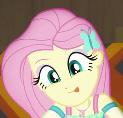 Size: 354x339 | Tagged: safe, screencap, fluttershy, human, equestria girls, g4, game stream, my little pony equestria girls: better together, cropped, cute, female, geode of fauna, magical geodes, shyabetes, skinny, thin, tongue out