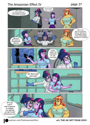 Size: 2726x3802 | Tagged: safe, artist:atariboy2600, artist:bluecarnationstudios, sci-twi, sunset shimmer, twilight sparkle, human, comic:the amazonian effect, comic:the amazonian effect iv, equestria girls, g4, breasts, buff breasts, busty sci-twi, busty sunset shimmer, busty twilight sparkle, clothes, comic, duality, female, high res, muscles, muscular female, nervous sweat, open mouth, sci-twi's house, sunset lifter, tempting fate, twolight