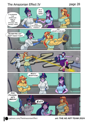 Size: 2726x3802 | Tagged: safe, artist:atariboy2600, artist:bluecarnationstudios, sci-twi, sunset shimmer, twilight sparkle, android, human, robot, comic:the amazonian effect, comic:the amazonian effect iv, equestria girls, g4, breasts, buff breasts, busty sci-twi, busty sunset shimmer, busty twilight sparkle, clothes, comic, duality, eye beams, female, muscles, muscular female, nervous sweat, open mouth, sci-twi's house, sunset lifter, tempting fate, twolight