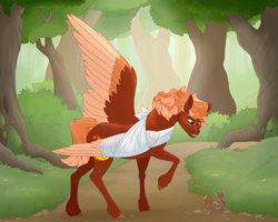 Size: 3500x2800 | Tagged: safe, artist:ganashiashaka, oc, oc only, oc:golden flare, mouse, pegasus, pony, bandage, broken bone, broken wing, cast, colored hooves, colored wings, commission, dirt road, forest, freckles, hooves, injured, large wings, male, nature, nonbinary, pegasus oc, ponified, short tail, sling, smiling, solo, species swap, stallion, tail, tree, unshorn fetlocks, wings
