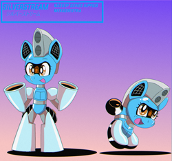 Size: 1600x1500 | Tagged: safe, artist:trackheadtherobopony, oc, oc only, oc:silverstream (robot pony), original species, pony, robot, robot pony, wheelpone, semi-anthro, gradient background, japanese, solo, text