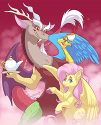 Size: 3000x3719 | Tagged: safe, artist:fizzy-dog, discord, fluttershy, draconequus, pegasus, pony, g4, bipedal, colored hooves, cup, duo, female, food, high res, holding, hooves, male, mare, pose, tea, teapot