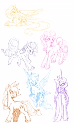 Size: 2458x4096 | Tagged: safe, artist:fizzy-dog, applejack, fluttershy, pinkie pie, rainbow dash, rarity, twilight sparkle, alicorn, earth pony, pegasus, pony, unicorn, g4, butt, curved horn, female, horn, large wings, mane six, mare, plot, simple background, sketch, twilight sparkle (alicorn), white background, wings