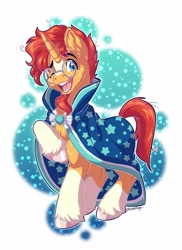Size: 2439x3359 | Tagged: safe, artist:fizzy-dog, sunburst, pony, unicorn, g4, cloak, clothes, facial hair, glasses, goatee, happy, high res, horn, male, one eye closed, open mouth, open smile, raised hoof, smiling, solo, spread wings, stallion, sunburst's cloak, unshorn fetlocks, wings, wink