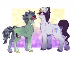 Size: 3000x2337 | Tagged: safe, artist:fizzy-dog, earth pony, pegasus, pony, blushing, duo, gay, high res, jojo's bizarre adventure, jotaro kujo, looking sideways, male, non-mlp shipping, passepartout, ponified, rohan kishibe, stallion