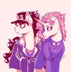 Size: 2751x2799 | Tagged: safe, artist:fizzy-dog, earth pony, pony, unicorn, duo, high res, horn, jojo's bizarre adventure, jotaro kujo, male, noriaki kakyoin, ponified, simple background, stallion, stardust crusaders, turned head