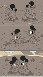 Size: 2000x3592 | Tagged: safe, artist:amateur-draw, oc, oc only, oc:belle boue, oc:oak wood, earth pony, unicorn, 3 panel comic, boots, clothes, comic, couple, covered in mud, gay, hat, heart, horn, jacket, kissing, leather, leather boots, leather hat, leather jacket, leather vest, looking at each other, looking at someone, making out, male, mud, mud bath, mud pony, muddy, romance, romantic, shipping, shoes, stallion, vest, wet and messy