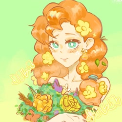 Size: 1282x1282 | Tagged: safe, artist:zhoumo33443, pear butter, human, g4, blushing, bouquet of flowers, bust, flower, gradient background, humanized, portrait, smiling, solo