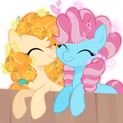 Size: 1741x1741 | Tagged: safe, alternate version, artist:yunixuedingcha, cup cake, pear butter, earth pony, pony, g4, chiffon swirl, color outline, duo, duo female, eyes closed, female, fence, heart, mare, nuzzling, show accurate, simple background, smiling, transparent background, younger