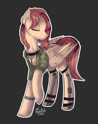 Size: 2207x2779 | Tagged: safe, alternate version, artist:enjaadjital, oc, oc only, pegasus, pony, 2016, belts, black background, bracelet, choker, clothes, ear fluff, eyes closed, female, folded wings, high res, jewelry, mare, outline, pegasus oc, raised hoof, shirt, signature, simple background, smiling, solo, white outline, wings