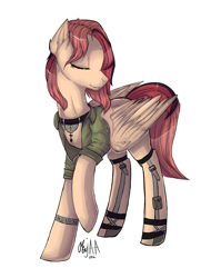 Size: 2207x2779 | Tagged: safe, alternate version, artist:enjaadjital, oc, oc only, pegasus, pony, 2016, belts, bracelet, choker, clothes, ear fluff, eyes closed, female, folded wings, high res, jewelry, mare, pegasus oc, raised hoof, shirt, signature, simple background, smiling, solo, white background, wings