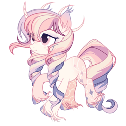 Size: 750x750 | Tagged: safe, artist:yunixuedingcha, oc, oc only, pony, unicorn, g4, cloud pattern, colored hooves, curved horn, ear fluff, ear tufts, eye clipping through hair, facial freckles, female, fetlock tuft, freckles, full body, gradient ears, hooves, horn, limited palette, mare, multicolored mane, multicolored tail, simple background, smiling, solo, tail, transparent background, unshorn fetlocks, walking