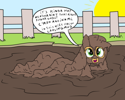 Size: 2000x1600 | Tagged: safe, artist:amateur-draw, applejack, earth pony, g4, covered in mud, female, fence, fetish, looking at you, lying down, mare, mud, mud bath, mud pony, muddy, pig pen, solo, speech bubble, summer, text, wet and messy