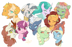 Size: 2958x1961 | Tagged: safe, artist:maotujingsong, autumn blaze, granny smith, meadowbrook, mistmane, night glider, pear butter, saffron masala, sugar belle, tree hugger, zecora, earth pony, kirin, pegasus, pony, unicorn, zebra, g4, :p, female, grin, horn, mare, one eye closed, simple background, smiling, tongue out, white background, wink, young granny smith, younger