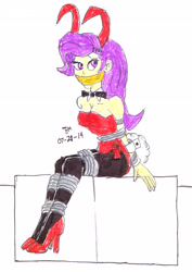 Size: 1841x2593 | Tagged: safe, artist:godzilla713, rarity, human, equestria girls, g4, bondage, bunny ears, bunny suit, cloth gag, clothes, female, gag, high heels, kidnapped, ropes, shoes, simple background, solo, tied up, traditional art, white background