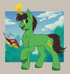 Size: 1136x1200 | Tagged: safe, artist:cosmalumi, oc, oc only, oc:jade dawn, pony, unicorn, daring do and the marked thief of marapore, g4, the daring do adventure collection, book, cloud, commission, horn, magic, male, solo, telekinesis