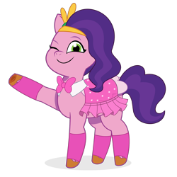 Size: 1920x1920 | Tagged: safe, artist:grapefruit-face, pipp petals, pegasus, pony, g5, my little pony: tell your tale, bowtie, candi (wild manes), clothes, cosplay, costume, crossover, female, good, looking at you, mare, one eye closed, raised hoof, saddle, simple background, smiling, socks, solo, tack, transparent background, wild manes, wink