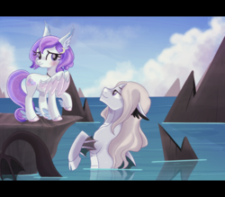 Size: 2854x2500 | Tagged: safe, artist:spookyle, oc, oc only, oc:dreamy skies, oc:jellan, hippogriff, hybrid, merpony, pegasus, seapony (g4), dorsal fin, female, fin, fins, floppy ears, hybrid oc, looking at each other, looking at someone, ocean, scales, smiling, smiling at each other, swimming, water