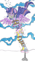 Size: 973x1726 | Tagged: safe, artist:godzilla713, twilight sparkle, human, pegasus, equestria girls, g4, my little pony equestria girls: rainbow rocks, asphyxiation, ball and chain, clothes, crying, drowning, female, gag, high heels, sandals, shoes, solo, traditional art, wings