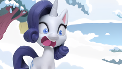 Size: 1920x1080 | Tagged: safe, edit, edited screencap, screencap, rarity, pony, unicorn, g4, g4.5, my little pony: stop motion short, snow pony contest (short), cute, funny, horn, ice, lake, screaming, snow, solo, tree, water, winter