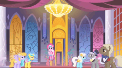 Size: 640x360 | Tagged: safe, screencap, caesar, count caesar, drizzle, lemony gem, pinkie pie, sealed scroll, serena, earth pony, pegasus, pony, unicorn, g4, season 1, the best night ever, animated, canterlot castle interior, clothes, cute, diapinkes, dress, female, gala dress, gif, gown, grand galloping gala, horn, horses doing horse things, it's coming right at us, male, mare, pinkie being pinkie, pinkie pie's first gala dress, pronking, stallion