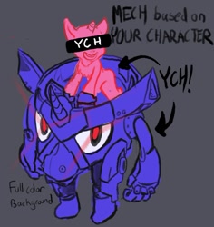 Size: 600x635 | Tagged: safe, artist:guiltstar, pony, unicorn, advertisement, any gender, any race, chest fluff, commission, gray background, horn, mecha, open mouth, open smile, simple background, smiling, ych sketch, your character here