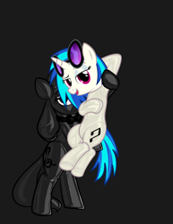 Size: 2550x3300 | Tagged: safe, alternate version, artist:latexia, artist:mrlolcats17, edit, editor:anonymous, dj pon-3, octavia melody, vinyl scratch, earth pony, pony, unicorn, g4, /mlp/ latex requests, armpits, bedroom eyes, belly, belly button, bipedal, bondage, bow, bowtie, dark, encasement, female, gray background, holding a pony, hood, hoof hold, horn, latex, latex suit, leaning, lesbian, mare, mask, masking, open mouth, png, seams, ship:scratchtavia, shipping, shitposting, simple background, sunglasses, tail, vector