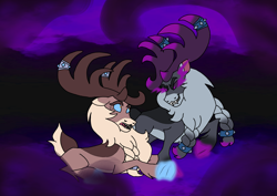 Size: 1414x1000 | Tagged: safe, artist:zetikoopa, stronghoof hoofstrong (tfh), deer, reindeer, them's fightin' herds, community related, corrupted, evil self, glowing, glowing eyes, glowing hooves, male, nightmarified, sianach