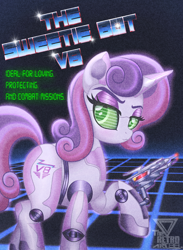 Size: 2200x3000 | Tagged: safe, artist:theretroart88, sweetie belle, pony, robot, robot pony, unicorn, g4, female, horn, laser pistol, solo, sweetie bot, text, weapon