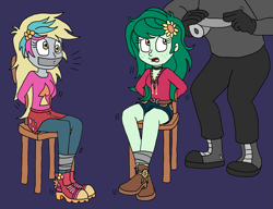 Size: 1885x1451 | Tagged: safe, artist:bugssonicx, derpy hooves, wallflower blush, human, equestria girls, g4, bondage, bound and gagged, emanata, gag, hostage, looking back, open mouth, tape, tape gag, tied to chair, trio