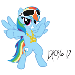 Size: 1600x1608 | Tagged: safe, artist:darkfire036, rainbow dash, pegasus, pony, g4, 2012, bipedal, female, jewelry, mare, necklace, simple background, smiling, smirk, solo, sunglasses, transparent background, vector