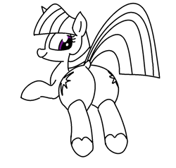 Size: 1001x951 | Tagged: safe, artist:purblehoers, twilight sparkle, pony, unicorn, g4, black and white, both cutie marks, butt, female, grayscale, horn, looking back, lying down, mare, monochrome, ms paint, partial color, prone, raised tail, simple background, smiling, solo, tail, the ass was fat, underhoof, unicorn twilight, white background