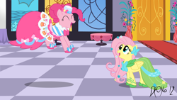 Size: 1600x900 | Tagged: safe, artist:darkfire036, fluttershy, pinkie pie, earth pony, pegasus, pony, g4, ^^, alternate hairstyle, carpet, checkered floor, clothes, dress, duo, duo female, eyes closed, female, gala dress, gown, grand galloping gala, mare, pinkie pie's first gala dress, red carpet