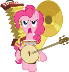 Size: 1600x1666 | Tagged: safe, artist:brycehebert, pinkie pie, earth pony, pony, g4, accordion, banjo, female, harmonica, mare, musical instrument, one pony band, one-pony band, simple background, solo, sousaphone, transparent background, vector