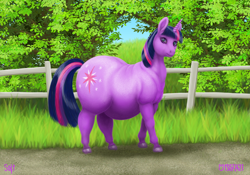 Size: 1200x840 | Tagged: safe, artist:soobel, twilight sparkle, pony, unicorn, g4, fat, female, fence, horn, obese, solo, twilard sparkle, unicorn twilight