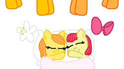 Size: 1024x570 | Tagged: safe, artist:katiegirlsforever, apple bloom, applejack, oc, oc only, oc:orange bloom, oc:orange cream, pony, g4, adorabloom, apple bloom's bow, baby, baby pony, blanket, bow, closed mouth, cute, duo, duo female, eyes closed, family, female, filly, flower, foal, group, hair bow, lily (flower), mare, pillow, quartet, siblings, simple background, sisters, sleeping, smiling, watch, white background