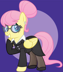 Size: 3500x4000 | Tagged: safe, artist:a4r91n, fluttershy, pegasus, pony, g4, abstract background, alternate hairstyle, business suit, businessmare, clothes, cute, ear piercing, earring, female, glasses, hair bun, jewelry, looking at you, mare, piercing, raised hoof, shyabetes, skirt, smiling, smiling at you, solo, suit