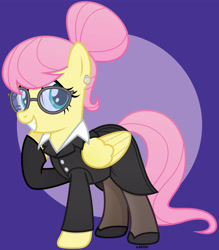 Size: 3500x4000 | Tagged: safe, artist:a4r91n, fluttershy, pegasus, pony, g4, abstract background, alternate hairstyle, business suit, businessmare, clothes, cute, ear piercing, earring, female, glasses, hair bun, jewelry, looking at you, mare, meganekko, piercing, raised hoof, shyabetes, skirt, smiling, smiling at you, solo, suit