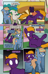 Size: 2540x3899 | Tagged: safe, artist:alexdti, oc, oc only, oc:brainstorm (alexdti), oc:dark purple, oc:purple creativity, oc:star logic, earth pony, pegasus, pony, unicorn, comic:quest for friendship retold, ball busting, cbt, comic, crying, female, horn, laughing, male, mare, r63 paradox, running, stallion, tears of laughter, this will end in pain, underhoof