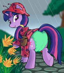 Size: 1795x2052 | Tagged: safe, artist:onc3l3rphobix, twilight sparkle, insect, ladybug, pony, g4, bag, diaper, diaper fetish, fetish, flower, hat, non-baby in diaper, rain, raincoat, saddle bag, solo, tree