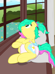 Size: 1494x2000 | Tagged: safe, artist:nitei, oc, oc only, oc:onc, oc:onzy, pegasus, pony, diaper, diaper fetish, fetish, flower, lying down, non-baby in diaper, prone, solo, window