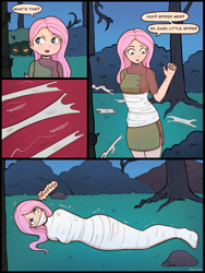 Size: 1620x2160 | Tagged: safe, artist:xeninara, fluttershy, human, g4, bondage, bound, bound and gagged, captured, caught, cocoon, comic, damsel in distress, dialogue, dialogue box, digital art, encasement, female, fetish, gag, helpless, humanized, muffled words, mummification, mummified, peril, restrained, solo, spider web, tied, tied up, web gag, wrapped up