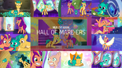 Size: 2000x1125 | Tagged: safe, edit, edited screencap, editor:quoterific, screencap, hitch trailblazer, sparky sparkeroni, sunny starscout, alicorn, dragon, earth pony, pony, g5, hall-o-marers, my little pony: tell your tale, spoiler:g5, spoiler:my little pony: tell your tale, spoiler:tyts02e16, baby, baby dragon, female, flower, hitchcorn, male, male alicorn, mane stripe sunny, mare, mirror, older, older sunny starscout, race swap, staircase, stallion, sunnycorn, trio