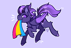 Size: 2500x1682 | Tagged: safe, artist:maroonmads, oc, oc only, oc:shadow galaxy, pegasus, pony, cheek fluff, chest fluff, commission, doodle, ear fluff, ethereal mane, female, hooves, mare, pansexual, pansexual pride flag, pegasus oc, pride, pride flag, purple background, simple background, smiling, solo, starry eyes, starry mane, starry tail, tail, unshorn fetlocks, wingding eyes, ych result