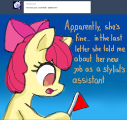 Size: 1280x1214 | Tagged: safe, artist:arielsbx, apple bloom, pony, ask little applebloom, g4, ask, dialogue, flag, solo, speech bubble, text