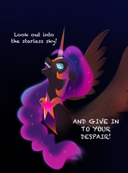 Size: 1462x1972 | Tagged: safe, artist:aztrial, sunny starscout, alicorn, pony, g5, blue eyes, bust, digital art, ethereal mane, fangs, feather, female, flowing mane, helmet, horn, mare, nightmare sunny, nightmarified, open mouth, open smile, peytral, portrait, purple mane, slender, smiling, solo, sparkles, speech, spread wings, starless sky, stars, talking, thin, wings