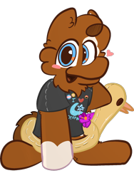 Size: 1620x2160 | Tagged: safe, artist:felixmcfurry, oc, oc only, oc:dukedepthstar, earth pony, pony, 2024 community collab, derpibooru community collaboration, arm behind head, blue eyes, blushing, brown fur, clothes, curly mane, earth pony oc, floaty, heart, inflatable toy, looking at you, male, pin, plushie, png, ponysona, pool toy, pride, pride flag, seams, simple background, smiling, smiling at you, solo, stallion, stallion oc, transgender pride flag, transparent background, twilight sparkle plushie